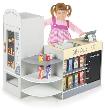HOMASIS Kinder Kaufladen, Kaufmannsladen Holz mit 15 Zubehör & Tafel, Verkaufsstand mit Seitentheke, Supermarkt-Set mit Kasse, POS & Verkaufsautomat, Einkaufsladen für Kinder von 3 bis 8 Jahren (Grau)