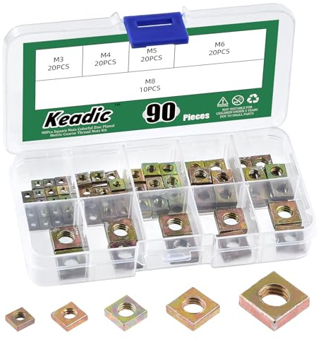 Keadic Juego de 90 tuercas cuadradas galvanizadas amarillas, M3 x 5,5 mm x 2 mm, M4 x 7 mm x 2 mm, M5 x 8 mm x 3 mm, M6 x 10 mm x 3 mm, M8 x 13 mm x 4 mm, tuerca roscada gruesa para muebles, aparatos