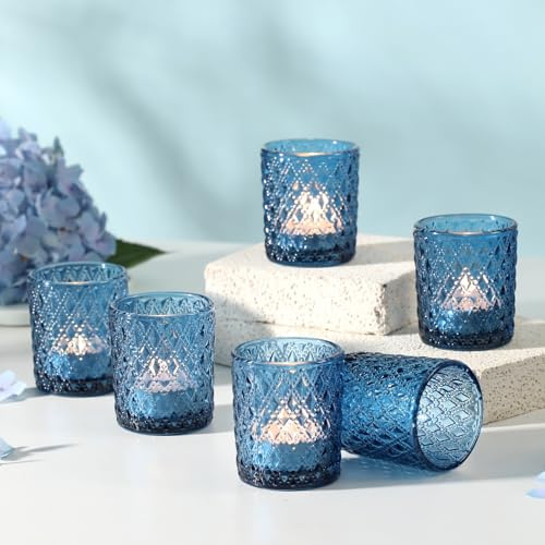 12 Pcs Votive Candle Holders, Dark Blue Tea Light Candle Holders for Table Centerpiece, Glass Candle Holder Set Wedding Centerpieces & Christmas Centerpieces for Table Home Decor (Dark Blue)