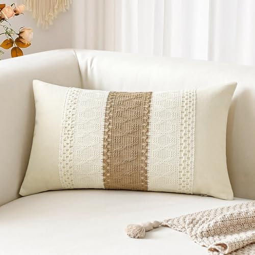 Sungeek Funda de cojín lumbar bohemia de 30 x 50 cm, algodón y arpillera con textura a rayas, tejida bohemia para granja, decorativa, funda de almohada para sofá, sala de estar, rayas individuales, 1