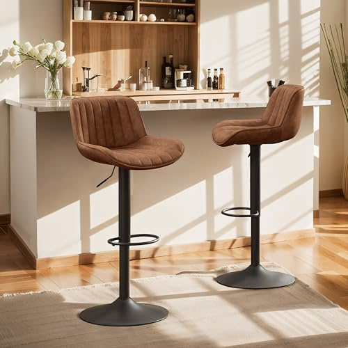 Zouron Juego de 2 Sillas de Comedor Sillas de Cocina Taburete de Bar Vintage, Altura Ajustable y 360° Giratorio Superficie de PU con Reposapiés y Respaldo, marrón Amarillento