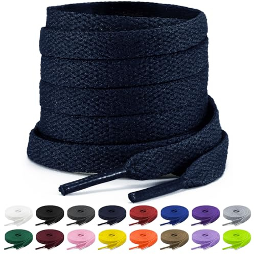 Shecret 2 Paires Lacets Chaussures Plats, Lacets Plats de 8mm de Large, Lacets Durable de Remplacement de Qualité Pour Baskets, Course à Pied, Adultes, Enfants (Bleu marine, 110 cm - 2 Paar)