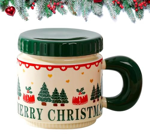 BRTNUP Tasse à café de Noël avec couvercle pour festival, sapin de Noël, bonhomme en pain d'épices, Père Noël, jolie tasse en céramique pour fête de Noël, famille, amis, usage quotidien (236,8 g)