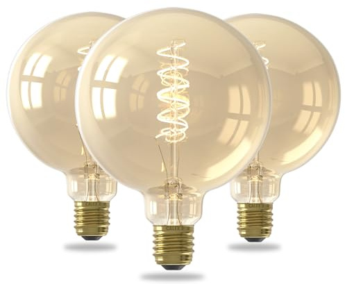 CALEX LED Lampe E27, G125, Spiralförmig Filament, Vintage Gold, 2100K Warmweiß Licht, dimmbar, 3er Pack