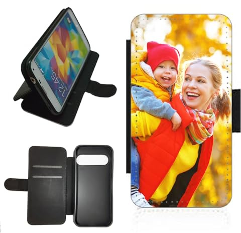 Personalised For Google Pixel 9 phone case wallet flip case photo on the front panel. Silicone rubber holder, PU leather back panel, card slots family picture Black