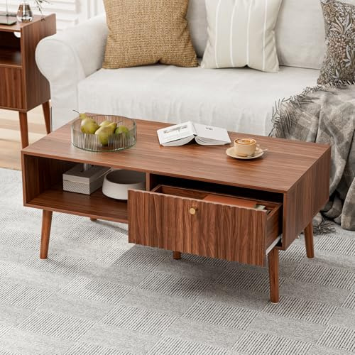 LCRBOL Coffee Table with Fluted Drawer, Mid-Century, Walnut