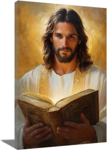 ZQQART Christlicher Jesus Leinwanddrucke Heiliger Gott hält Bibelbuch Bild Christliche Bibel Malerei Religion Spirituelles Kunstwerk Wanddekoration (Gold,40x60cm)