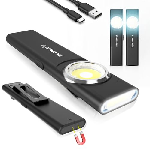klarus E5 2Pcs Pocket Flashlight, Rechargeable EDC Flashlight, Super Slim 4.2x1x0.3inch, 600 Lumens, USB-C Port, IPX4, Dual Light Source with Magnetic Base, Hat & Clothes Clip (Black 2Pcs)