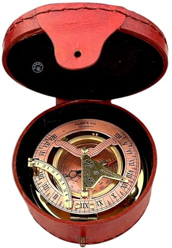 EXNOT Brújula de latón antiguo con esfera de cobre en caja de cuero, steampunk, brújula vintage, reloj de sol de cobre en caja de regalo para aniversario y ocasiones especiales.