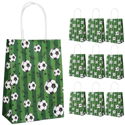 BETESSIN Fußball Papiertüten Grün - 10 Stück Geschenktüten mit Fußball Motiv - Fussball Geburtstag Deko - Fußball Goodie Bags für Fussball Mitgebsel Jungen Kindergeburtstag Fußball Party (15x8x21cm)