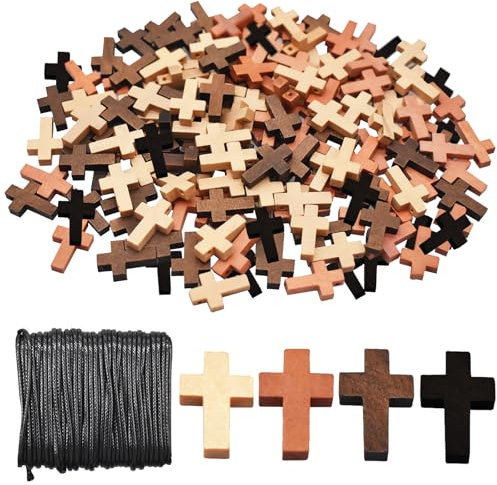 Saijer Lot de 200 pendentifs en forme de croix en bois - 4 couleurs - Pour bricolage, collier, bijoux, accessoires de baptême
