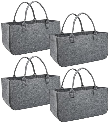 Eldzenith 4 Stück Filztasche groß Kaminholztasche Faltbar Filzkorb Kaminholzkorb Einkaufstasche Tragbarer Filztaschen Shopper holzkorb für kaminholz Zeitungen Holz, 50 x 25 x 25 cm, Hellgrau