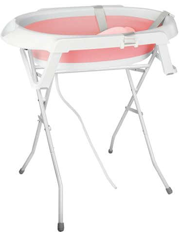 OHMG Faltbar Babybadewanne,Große Babywanne faltbar,Kinderbadewanne mit Badesitz,für Babys von 0-3Monaten mit Gestell, Faltbare Babybadewanne mit Gestell (Rosa-66x61x82cm)