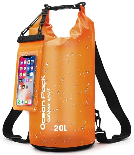 Dry Bag mit Handy-Schutzbeutel & Trageriemen – Wasserdichte Tasche für Outdoor, Camping & Wassersport | 5L, 10L, 20L | Ultraleicht & Robust | Packsack Wasserdicht & Rucksack (Orange, 20, Liter)