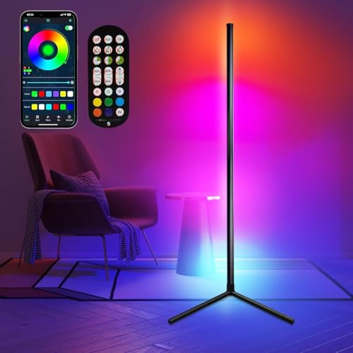Rosnek LED Stehlampe Wohnzimmer, 165cm RGB Standleuchte Dimmbar mit Fernbedienung & APP-Steuerung, 16 Millionen Farben, Musik Sync, Ecklampe für Wohnzimmer, Schlafzimmer, Gaming Schwarz