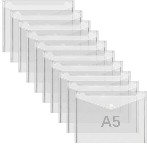10 Stück A5 Kunststoff-Brieftaschen, transparente Dokumentenmappen mit Druckknopf, wasserdicht, transparent, Kunststoff-Umschläge, Akten, Druckknopf für Schule, Zuhause, Büro, Reisen, Papierkram (24 x