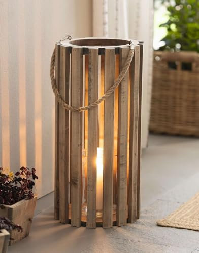 Dekoleidenschaft Lanterne recyclée en bois recyclé avec photophore en verre, Ø 28 x 58 cm, grande lanterne en bois, colonne à bougie