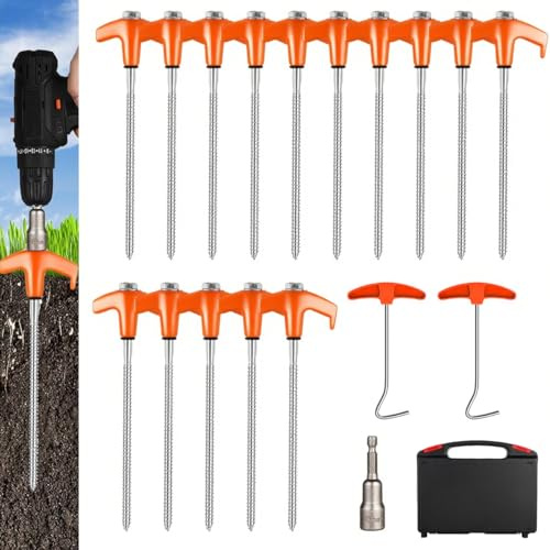 15 Stück Zeltheringe Drehbare mit Gewinde, 20cm Heringe Erdnägel Stabil Schraubheringe Mit Nagelpicker und Seil-Halterung, Orange Zelt Heringe Stark für Zelte Planen Sonnensegel Campingausrüstung