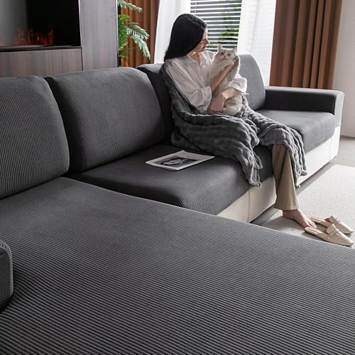 OHSIO Stretch Sofa Covers for Sectional Couch – Soft Washable Sofa Slipcovers 2 3 4 Seater, Pet-Friendly, Anti-Slip Furniture Protector(1 Piece Chair Cover, Dark Gray/Striped)
