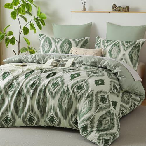 Boho Geometry Duvet Cover Set King Size Bohemian Bedding Set for Boys Girls Adults Soft Reversible Gird Plaid Cube Duvet Cover with Zipper Closure (Green, 230×220cm)