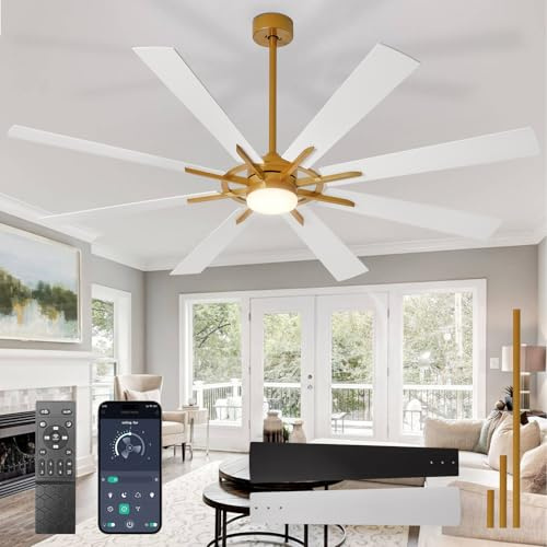 Depuley Grandi ventilatori da soffitto con illuminazione: Ventilatore da soffitto da esterno da 72 pollici a 8 pale con telecomando - Grande ventilatore bianco dorato con illuminazione