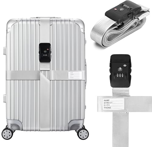 Linpr Correas de Equipaje Ajustables, Correas de Equipaje con Cerraduras TSA, Correas Cruzadas, Accesorios de Viaje, Correa de Equipaje con Etiquetas de Nombre en Colores Llamativos (Plata)