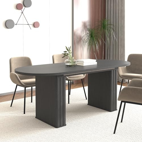 KEIKI 63 to 78.7 Extendable Oval Kitchen Table, Dining Table for 4-8 with Wooden Strip Base, Modern Farmhouse Kitchen Dining Table for Living Room, Black