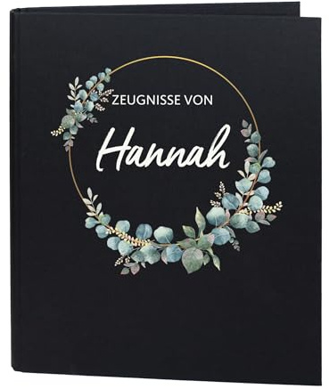Striefchen® Zeugnismappe personalisiert mit Name – Leinenstoff – 5 Farben zur Auswahl – Eukalyptuskranz Motiv – DIN A4-4-Ring-Ordner für Schüler, Studenten, Abiturienten, Schulzeugnisse (Schwarz)