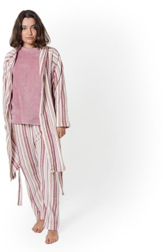 TRAMAS+ Bata para Mujer de Invierno, de Coralina, con Cinturón Ajustable, Ropa cómoda para estar en Casa – S, Raya Caléndula Rosa