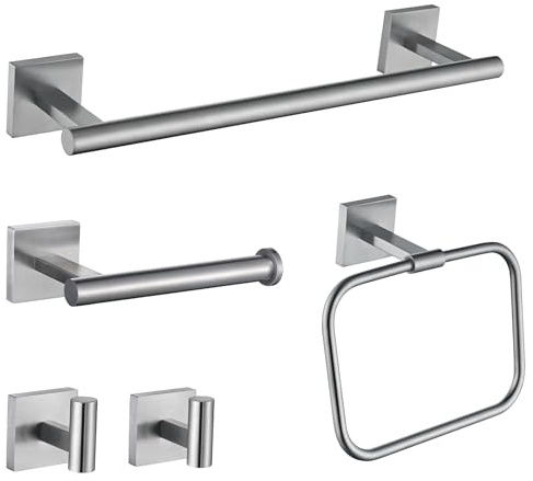 16 Brushed Nickel Bathroom Hardware Set 5-Piece, Fingerprint-Free SUS304 Stainless Steel Towel Bar for Small Bath & RV, Modern Square Bath Accessories Kit (Brushed Nickel)