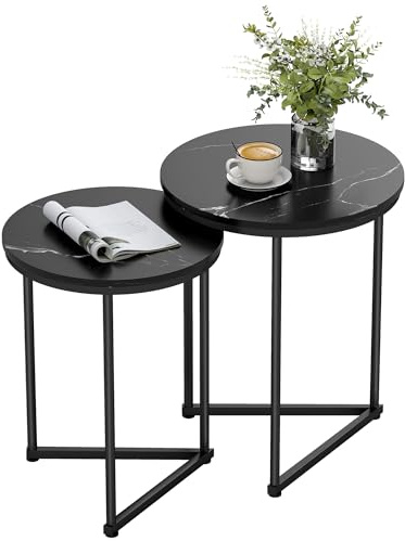 HOMCOM Nesting Coffee Table Set of 2 Round Metal Frame Black Marble Effect