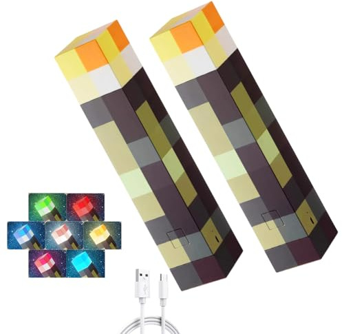 Miner Craft Lot de 2 lampes torches murales 28 cm Lampe de nuit rechargeable USB 7 couleurs Éclairage main ou mural Lampe de chevet pour cadeaux, chambre et décoration de fête