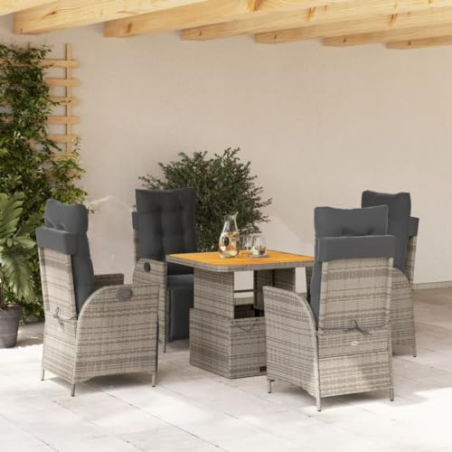Tonture 5-TLG. Garten-Essgruppe Grau, Poly Rattan, Verstellbare Relaxsessel, Höhenverstellbarer Tisch 80x80cm, Dunkelgraue Kissen, UV-beständig, für Balkon & Terrasse