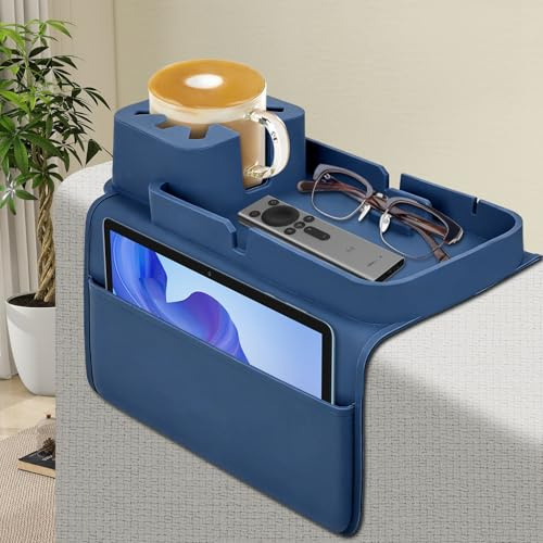 Foyucool Reposabrazos Sofa Silicona Antideslizante, Azul | Bandeja Sofa, Organizador de Mando, Bandeja Reposabrazos Sofa de Brazo con Portavasos, Impermeable para Bebidas
