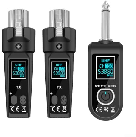 Trayneel UHF Kabelloses Mikrofonsystem für dynamische Mikrofone, E-Gitarre, Bass und PA-Systeme, 30-50 m Reichweite, 20 Hz - 20 kHz Frequenzgang, 110 dB Dynamikbereich, ABS-Bauweise