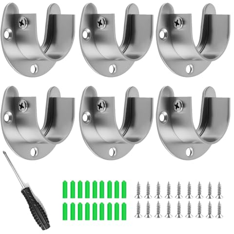 6 Pcs Stainless Steel Wardrobe Rail Bracket Holders 19/22/25/32mm U Shaped Flange Rod Holder Heavy Duty Closet Rod End Supports for Clothes Rail, Towel Bar, Shower Curtain (Silver, 25mm)