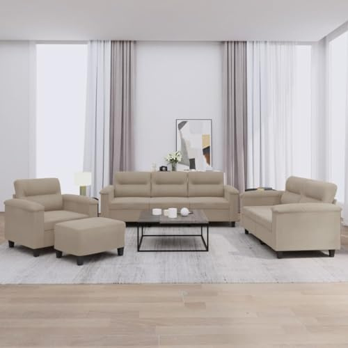 WDGJJFECNMUEHI 4-TLG. Sofagarnitur mit Kissen, Taupe Mikrofaser Wohnzimmer Set inkl. Sessel, 2-Sitzer, 3-Sitzer und Hocker, Bequemes Polstermöbel für Entspannung und Gäste