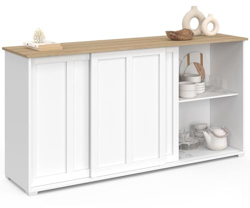 IDMarket - Buffet 160 cm Jango 3 Portes coulissantes Blanc et Plateau Bois