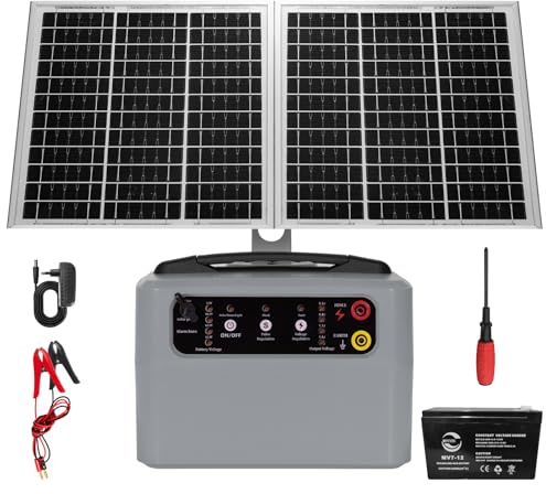 48 KM Weidezaungerät Solar, 6–12 KV, 0,3–1,5 J Einstellbares Elektrozaun | Mit 15W-Solarpanel und Integrierter 12V 7Ah Blei-Säure-Batterie für Rinder, Schafe und Bauernhöfe (Grau)