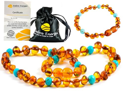 Collana Ambra Naturale + Braccialetto- Massima qualità Certificata Vera Ambra del Baltico / 100 Giorni Garanzia di Rimborso (Multi)