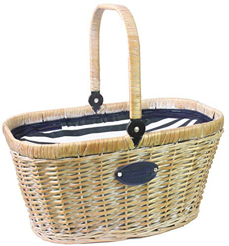 Les Jardins de la Comtesse - Korb Chantilly Marine - gebleichter Weide/Blauer Stoff/weißen Streifen - Kühlfach/Für den Einkauf auf dem Markt/Picknick/Strand/umklappbarer Henkel - 48 x 29 x 27 cm