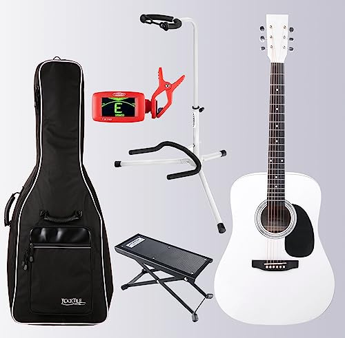 Classic Cantabile WS-10WH Westerngitarre Set - Dreadnought-Style - Korpus: Linde laminiert - inkl. Tasche, Gitarrenständer, Fußbank und Stimmgerät - weiß