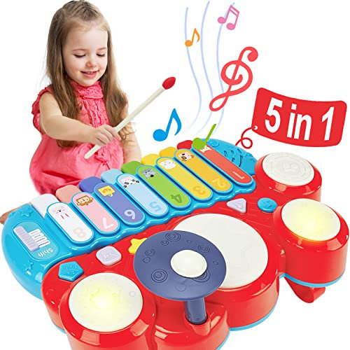 hahaland Kids Drum Set Baby Musical Instruments Toys for Toddlers Wooden Musical Toy Toddler Drum Set Kid Musical Baby Toys Music Percussion Instruments Baby Drum Musical Birthday Gifts for Boys Girls