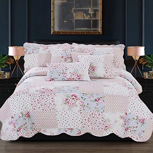 B&B King Size Quilted Bedspread Bedding Sets For Girls - Cotton Patchwork Bedspread Throw For Sofa Bed - Decorative Vintage Box Pattern Quilt Comforter Set (Meadow)