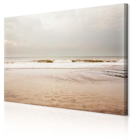 decomonkey Wandbilder Strand Meer 90x60 cm 1 Teilig Leinwandbilder Wanddeko | Strukturleinwand, Holzkeilrahmen, Bild auf Leinwand, Kunstdruck, Wohnzimmer, Wanddekoration, Beige, Natur, Landschaft