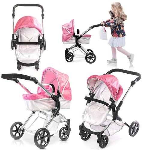 Roma Single Baby Toy Stroller with Lightweight Frame, 2-in-1 Baby Doll Accessories, Adjustable Handle, Carry Cot to Seat Unit, for Ages 3-9, Includes Shopping Basket (Stephanie)