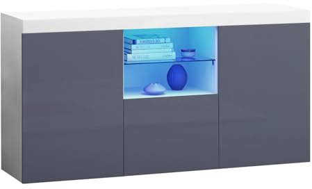 Panana Modern Hight Gloss Front Livingroom Cabinet with 3 Door, RBG LED Cupboard Sideboard Display Storage TV Unit Stand (Grey)