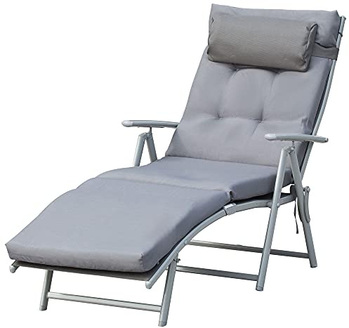 Outsunny Sdraio da Giardino Pieghevole con Materassino e Cuscino, Schienale con 7 Reclinazioni, 137x63.5x100.5cm, Grigio