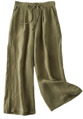 FTCayanz Pantalon Femme Lin Jambe Large Casual Léger Pantalon Palazzo avec Cordon de Serrage Verte armée XL