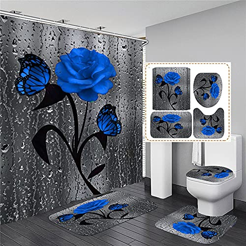 Hearda Moderne 4-Teiliges Duschvorhang-Set für Badezimmer, 3D Rose-Druck rutschfest WC-Vorleger + WC-Deckelbezug + Badematte + Duschvorhang mit 12 Haken (4PC,Blaue Blume)